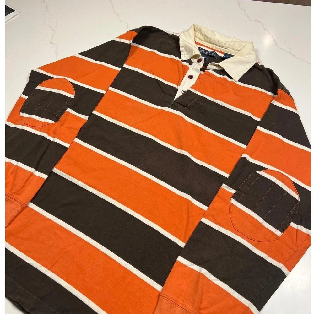 Cactus Rugby Shirt Mens Large Orange Brown Striped Elbow Patch American Fit